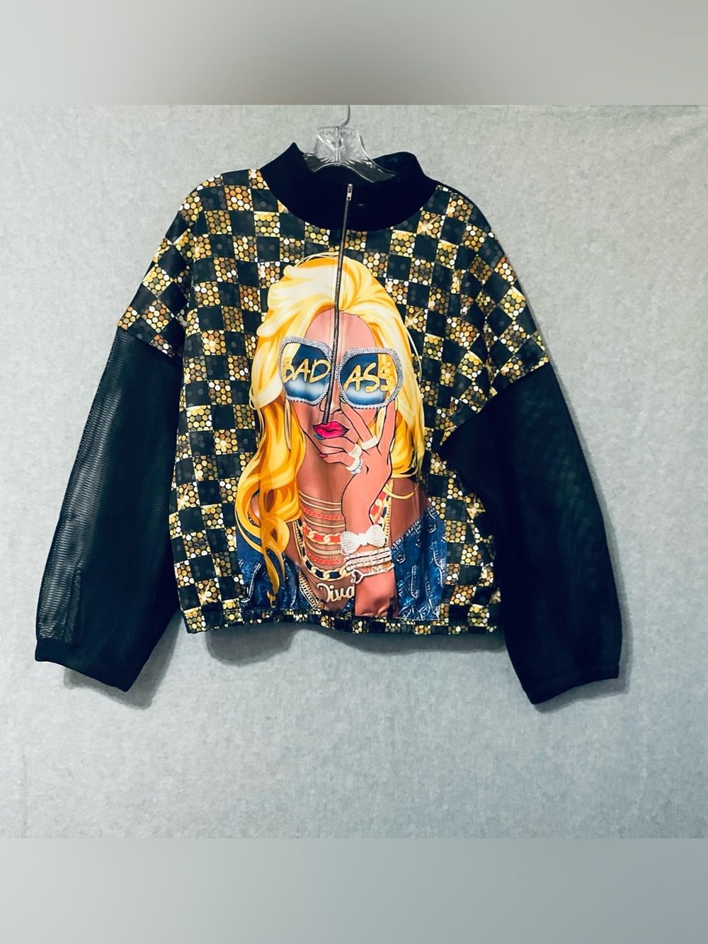 LOVE HIGHLIGHT Graphic "Bad Ass" Checker Jacket in Black and Gold Sz 2X